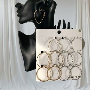 Forever 21 Oversized Silver Gold Hoop Earring Set Omega Closure, Set of 6 Metal.